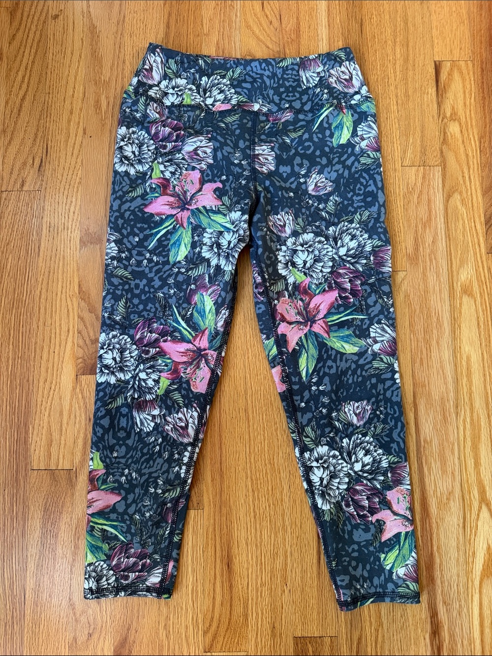 Evolution and Creation Floral Leggings in Navy with Pink & Green Flowers